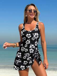 Swim Lushoire 1 bộ đồ bơi liền thân in họa tiết hoa đi nghỉ mát bãi biển dành cho nữ - màu đen - Xem 5