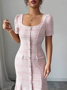 Elenzga Đầm công sở cổ vuông xếp ly eo đuôi cá thanh lịch lãng mạn cho nữ - Hồng - Xem 6