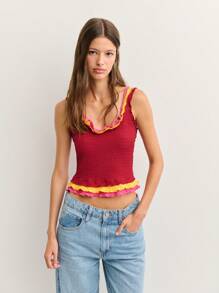 Nöista Ribbed Knit Tank With Vibrant Lettuce Trim In Butter Yellow And Hot Pink. Stretchy And Flattering Fit-Perfect For Cute Summer Tops, São João Vibes, And Playful Holiday Outfits. Adjustable Straps. - Red - View 1