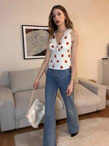 SHEIN Unity V-Ausschnitt französischer Stil lässiges Polka Dot Tank Top - Weiss - Übersicht 5