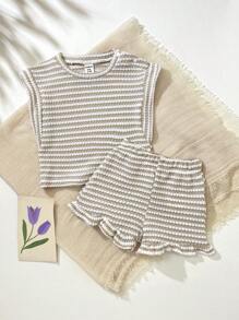 SHEIN Playful Pals 2pcs/Set Baby Girl Infant Toddler 0-3Y Casual Vacation Daily Black & White Striped Ruffle Sleeve Crew Neck T-Shirt Top And Shorts Set, Spring/Summer