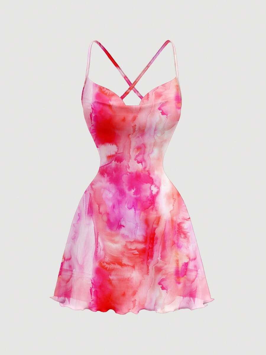 SHEIN MOD Váy ngắn dây mảnh họa tiết trừu tượng màu hồng tối giản giản dị, kỳ nghỉ hè - Nhiều màu - Xem 1