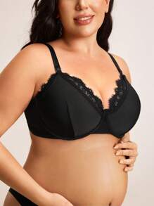 BloomMama Plus Size Maternity & Nursing Bra, Simple Romantic, Removable Cups, Lace Patchwork, Suitable For Pregnancy & Lactation Period, Lift - Black - View 4