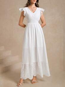 Amorya Summer Elegant Women's Solid Color V-Neck Embroidered Ruffle Edged Sleeves Embroidered Waist A-Line Splicing Embroidered Ruffle Pendant Extra Long Dress - White - View 3