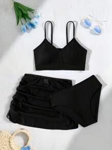 SHEIN 3pcs Fashion Teen Girl's Solid Color Bikini Swimwear Set, Suitable For Beach Holiday, Girls Black Bathing Suits - Multicolor - View 3