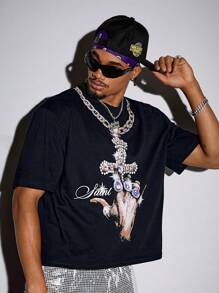 ROMWE MEN Street Life Men's Y2K Goth Slogan Print Short Sleeve Tee, Suitable For Everyday Wear, Spring/Summer, Halloween - Black - View 6