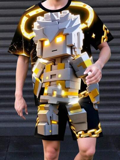 SHEIN Leap Crew 2-delars ANGEL, MC, Tonårspojkars grafiska set, avslappnad enkel stil med korta ärmar och rund hals för tonårspojkar, sommar