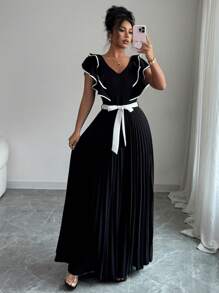 Elenzga Váy nữ thanh lịch lãng mạn cổ chữ V thắt eo xếp ly chữ A thanh lịch - Đen và trắng - Xem 1