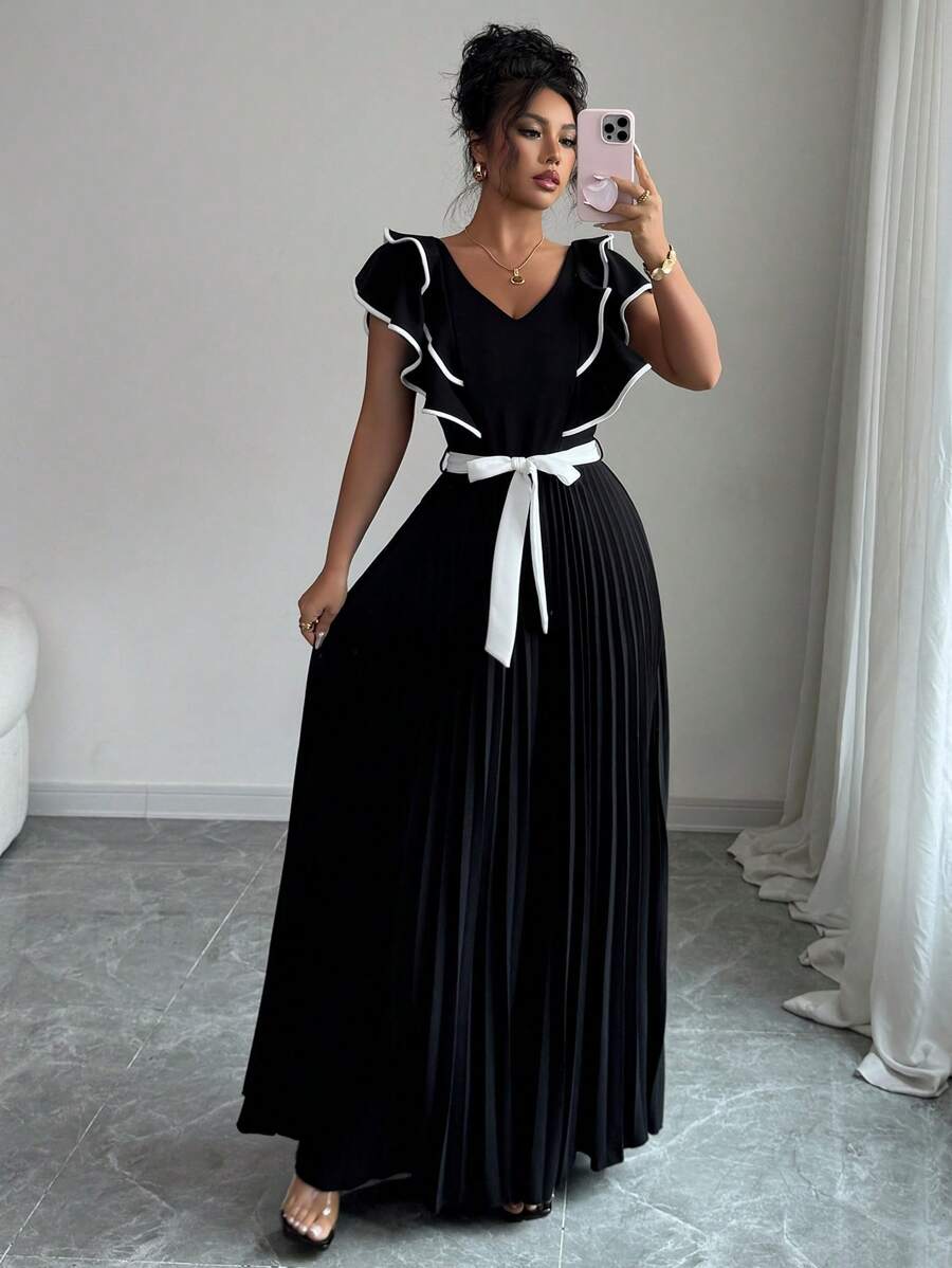Elenzga Váy nữ thanh lịch lãng mạn cổ chữ V thắt eo xếp ly chữ A thanh lịch - Đen và trắng - Xem 1