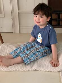 Hapijoa Baby Boy Cartoon Print Casual Crew Neck Tee And Plaid Woven Casual Pants Home Outfit - Blue - View 6
