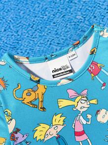 Nick 90s | SHEIN Baby Boy Cartoon Pattern Round Neck Short Sleeve Bodysuit - Baby Blue - View 3