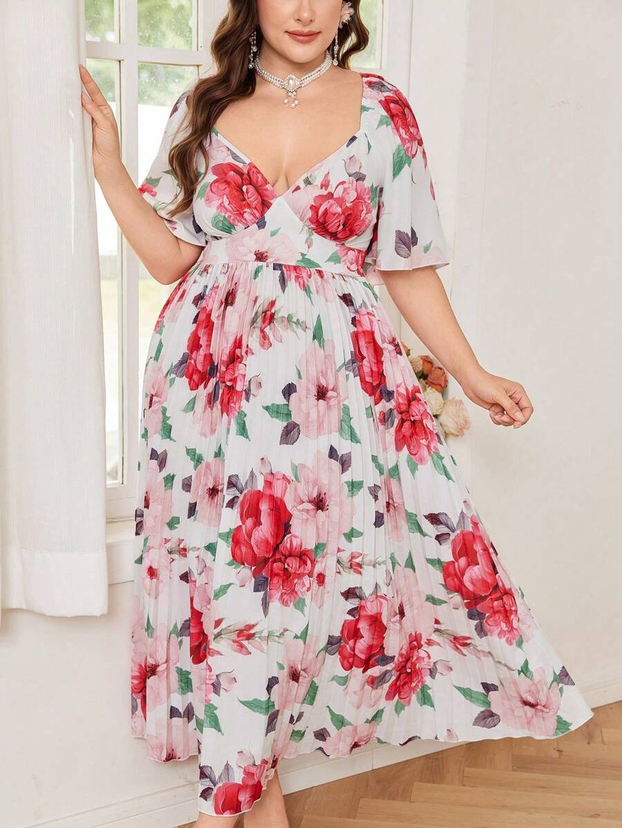 Modelyn Robe midi élégante pour les vacances avec encolure en V, manches courtes à volants, taille plissée et imprimé floral pour femmes grandes tailles