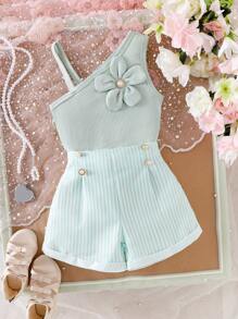 2pcs/Set Young Girls Green Ribbed Asymmetrical 5-Petal Flower Top & Green White Ribbed Faux Pearl Button Shorts, Fresh Casual Summer Outfit