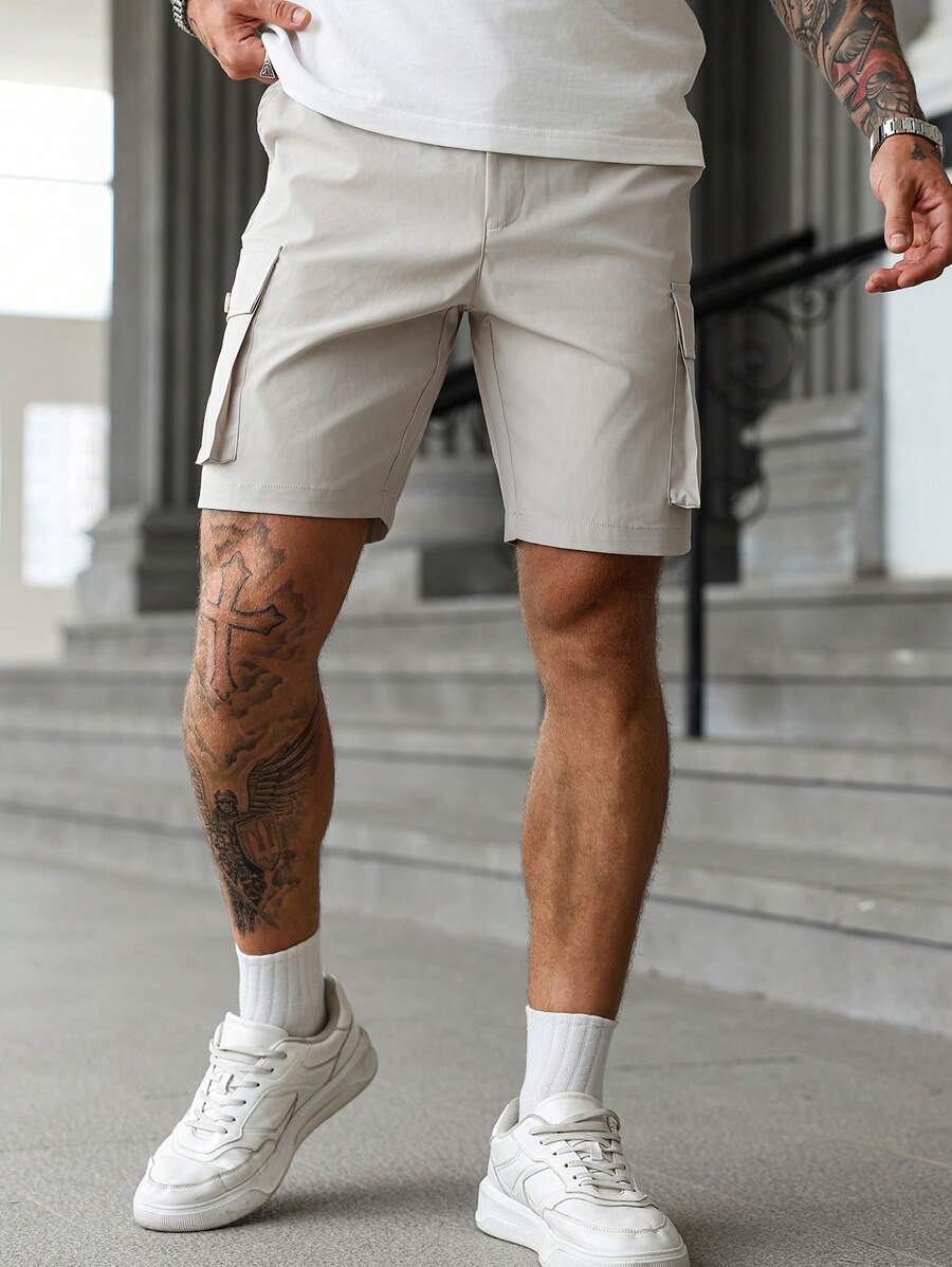 Manfinity Homme Men's Casual Pocket Solid Color Shorts, Fashionable For Summer - Apricot - View 1