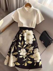 Franclia Women's Elegant Peter Pan Collar Short Sleeve Blouse And Printed A-Line Skirt 2Pcs Set