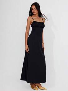 Roylia Women Satin Smooth Slip Long Dress - Black - View 5