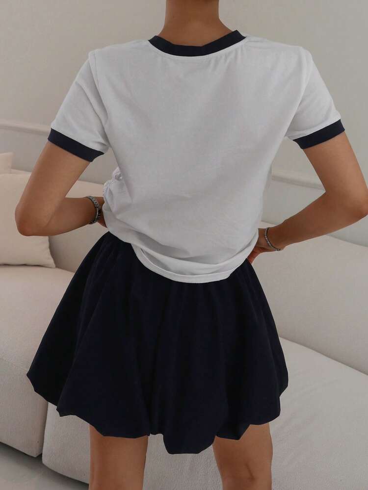 2pcs/Set Women Contrast Color V-Neck Crop Top And Cloud Shape Shorts Pajama Set