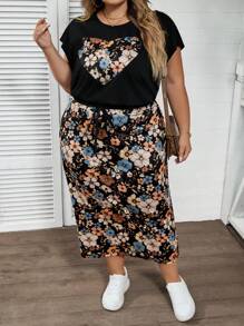 SHEIN CURVE+ 2 件套加大码短袖 T 恤和 A 字裙，休闲时尚，适合日常穿着两件套女士夏季服装女士狂欢服装节日夏季/乡村/海滩度假服装/海滩服装/海滩装 - 彩色 - 查看 8