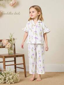 年轻女孩简约碎花短袖上衣和裤子 2 件套睡衣套装