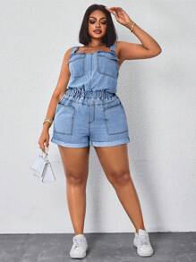 SHEIN SXY Women's Summer Multi-Pocket Washed Denim Jumpsuit