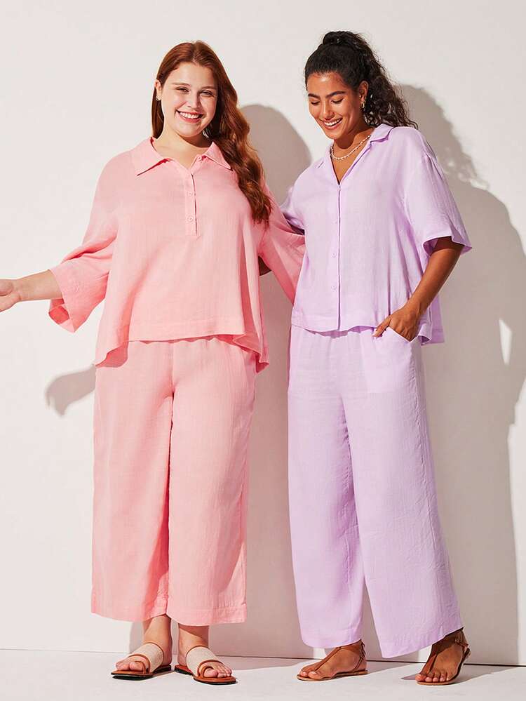 Cotton Linen Basic Short-Sleeve Button-Up Top & Long Loungewear Pajama Set