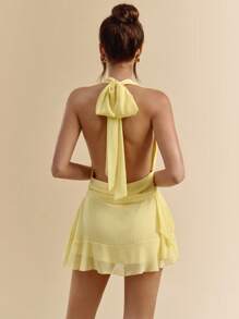 SHEIN BAE 奶油黄色垂坠领口系带荷叶边下摆迷你裙连衣裙，优雅甜美可爱的夏季连衣裙，适合音乐节、度假、海滩 - 黃色 - 查看 2