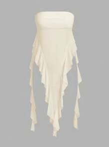 SHEIN ICON 女式 Y2K 性感外出春夏时尚抹胸不对称下摆网眼可爱夏季上衣 - 杏色 - 查看 1