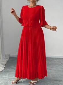 Elenzga Đầm xếp ly bằng chiffon màu trơn thanh lịch dành cho nữ cỡ lớn, đầm thường ngày mùa xuân/hè, đầm dự tiệc sinh nhật cho nữ, trang phục cỡ lớn cho nữ, trang phục trang trọng. - Đỏ - Xem 1