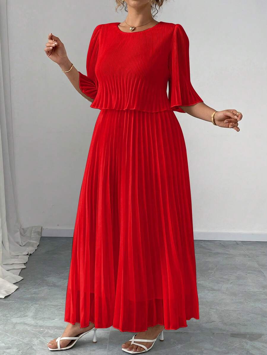 Elenzga Đầm xếp ly bằng chiffon màu trơn thanh lịch dành cho nữ cỡ lớn, đầm thường ngày mùa xuân/hè, đầm dự tiệc sinh nhật cho nữ, trang phục cỡ lớn cho nữ, trang phục trang trọng. - Đỏ - Xem 1