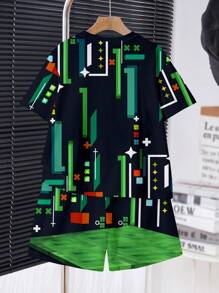 Tween Boy Navy Blue Summer Cute Vacation 2 Pieces Set,Cartoon Pixel Cube Robot & Soccer Player Graphic Print Short Sleeve T-Shirt & Shorts Outfit - Multicolor - View 3