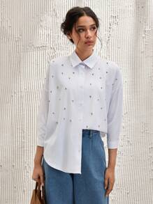 EURMUSE Women's Stylish Rhinestone Embellished Drop Shoulder Shirt - White - View 5