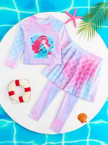 Young Girl Raglan Sleeve Round Neck Summer Long Sleeve Tankini Swimsuit - Violet Purple - View 2