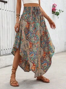 SHEIN PETITE Short Women Print Waist Drawstring Asymmetrical Hem Casual A-Line Skirt, Suitable For Petite, Resort Style