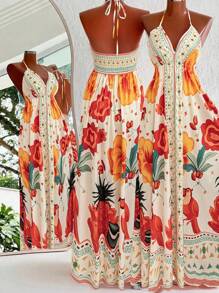 Sweetra Bohemian Style Printed Beach Strap Dress - Orange - View 2