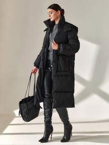 CLARA VERO Casaco de inverno acolchoado com bolsos de remendo de qualidade premium - Preto - Ver 5