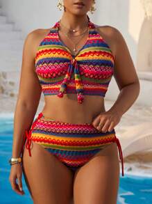 Swim Vcay Plus Size Textured 2 Pieces Women Bikini Set Set - Halter Top With Crisscross Back & High Waist Side-Tie Bottom, Minimalist Bikini For Summer Beach Vacation