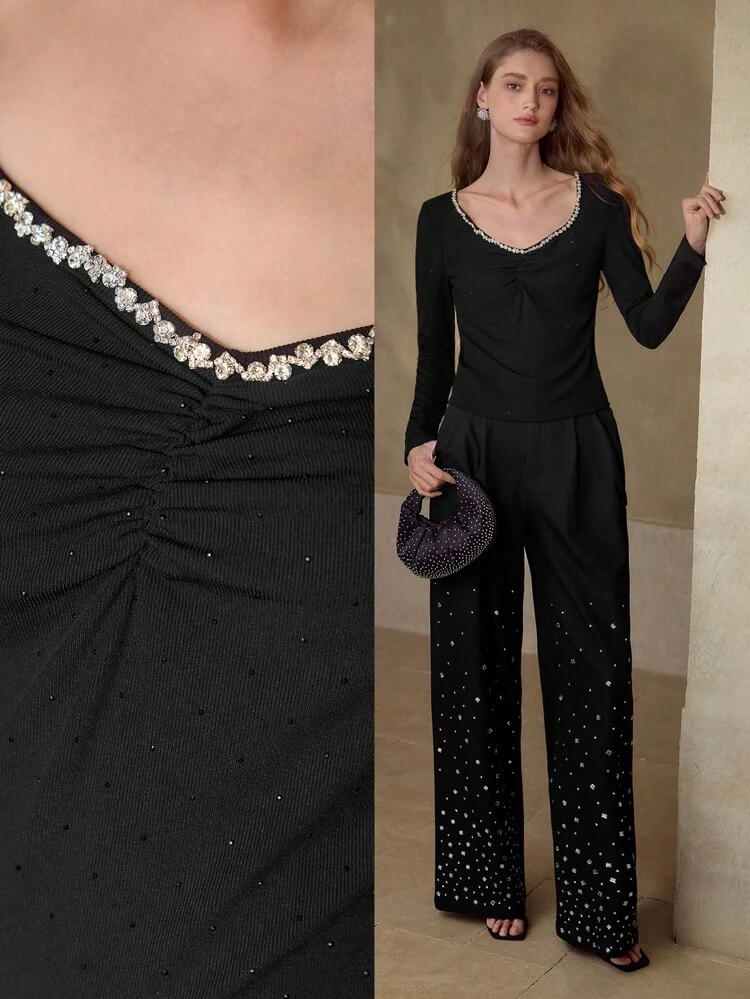 RHINESTONE TRIM RUCHED T-SHIRT