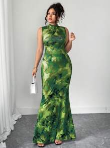 Elenzga French Elegant Floral High Neck Sleeveless Dress For Women, 2025 New High Waisted Figure-Flattering Mature Elegant Dress, Waist-Cinched Maxi Dress, Lightweight & Casual Vacation Dress, Ruffled Hem Slimming Long Dress, Summer Floral Print A-Line Maxi Dress - Green - View 5