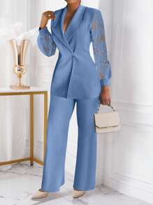 Xyvia Bộ 2 quần áo công sở nữ thêu họa tiết hai hàng khuy, áo khoác blazer bó sát và quần - Màu xanh bụi bặm - Xem 5