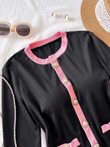 Teen Girls Casual Elegant Luxurious Short Jumpsuits, Metallic Button Decorated Long Sleeve Knitted Rompers - Multicolor - View 3