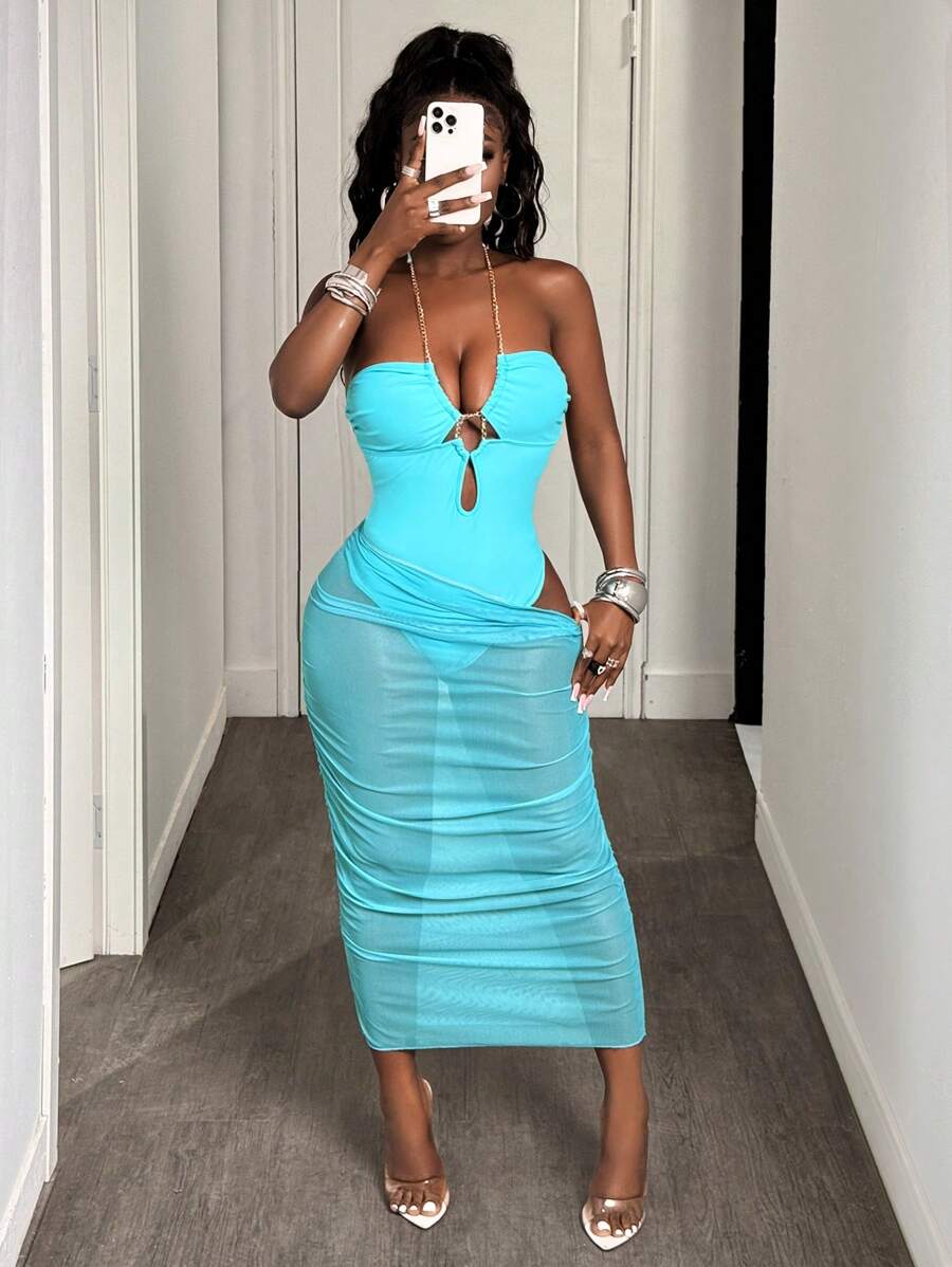 BamGleam Plain Women's One Piece Swimsuit & Two Pieces Bikini Set For Summer Beach Vacation - Royal Blue - View 1