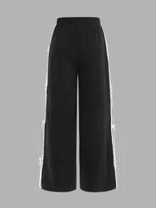 SHEIN Tween Girls Ribbon Bowknot Wide Leg Loose Casual Pants, Black, Versatile & Fashionable For Daily Wear Fall Winter