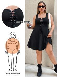 SHEIN Essnce Plus Size Women's Summer New Fashion Casual Chest Cross Strap U-Neck Vest A-Line Hem Dress - Black - View 1