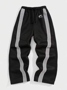 Tween 男童黑色街头拼色印花运动裤，舒适、时尚、百搭、面料柔软，非常适合日常、上学、旅行和户外活动