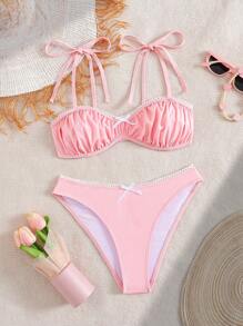 Swim Mod Vacation Beach Sexy Cute Ruffle Bowknot Pink Bikini Set For Summer - Pink - View 3