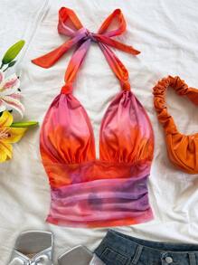 Soleia 女士度假针织网眼复古豹纹露背 V 领系带蝴蝶结褶皱网眼浪漫背心，适合约会、情人节、性感、派对、海滩巡游、复活节、狂欢节、下午茶 - 亮橙色 - 查看 4