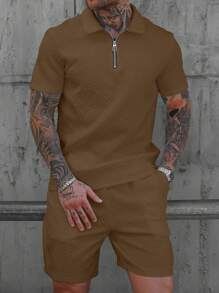 Manfinity Homme 男士时尚3D纹理休闲Polo衫套装 - 棕色 - 查看 7