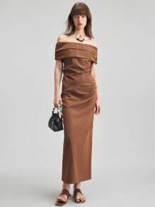 Ontre 2 件套女士夏季休闲纯色露肩短款上衣和裙子套装，适合独立日、圣约翰节、海滩、毕业典礼、办公室、海滩度假、茶会、派对 - 棕色 - 查看 4