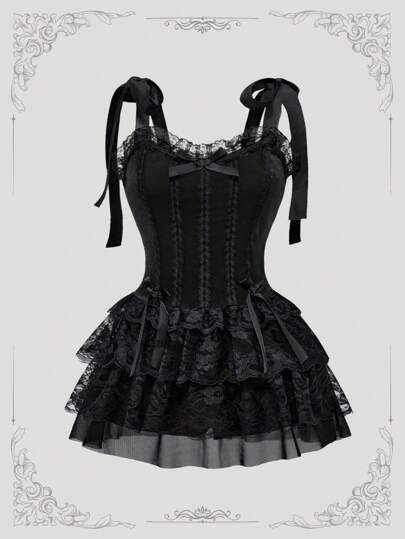 Plus Size Women Vintage Gothic Velvet Lace Patchwork Ruffle Hem Dress,Corset Dress For Women