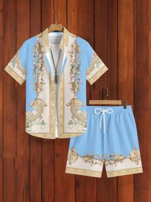 Manfinity KASUA Conjunto de camisa y pantalones cortos estampados vintage para hombre, conjunto informal de 2 piezas para verano, ropa de playa para hombres